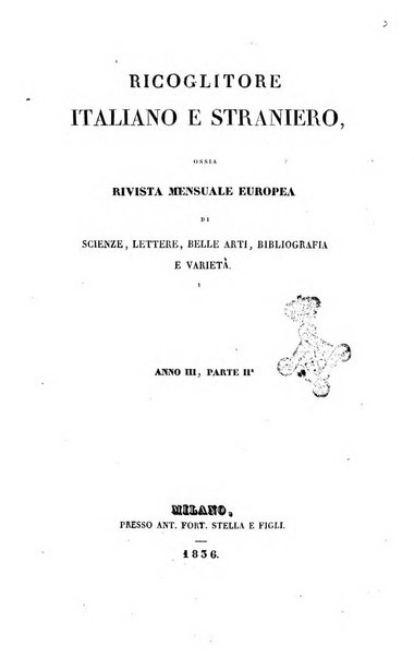 Ricoglitore italiano e straniero, ossia rivista mensuale europea di scienze, lettere, belle arti, bibliografia e varieta