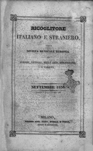 Ricoglitore italiano e straniero, ossia rivista mensuale europea di scienze, lettere, belle arti, bibliografia e varieta