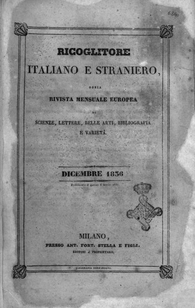 Ricoglitore italiano e straniero, ossia rivista mensuale europea di scienze, lettere, belle arti, bibliografia e varieta