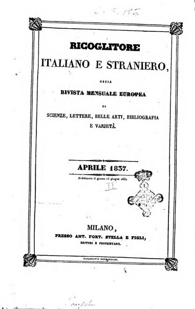 Ricoglitore italiano e straniero, ossia rivista mensuale europea di scienze, lettere, belle arti, bibliografia e varieta