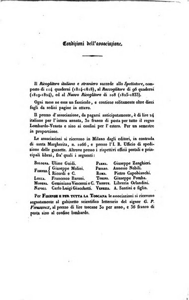 Ricoglitore italiano e straniero, ossia rivista mensuale europea di scienze, lettere, belle arti, bibliografia e varieta