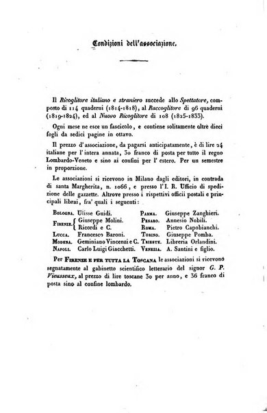 Ricoglitore italiano e straniero, ossia rivista mensuale europea di scienze, lettere, belle arti, bibliografia e varieta