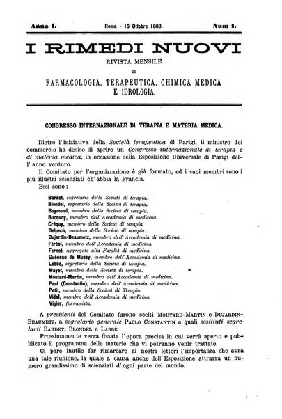 I rimedi nuovi rivista mensile di farmacologia, terapeutica, chimica medica e idrologia