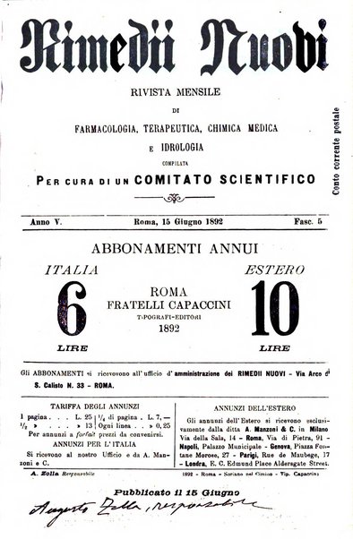 I rimedi nuovi rivista mensile di farmacologia, terapeutica, chimica medica e idrologia