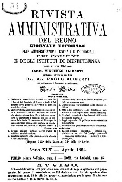 Rivista amministrativa del Regno giornale ufficiale delle amministrazioni centrali, e provinciali, dei comuni e degli istituti di beneficenza