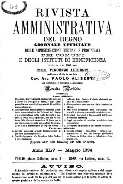 Rivista amministrativa del Regno giornale ufficiale delle amministrazioni centrali, e provinciali, dei comuni e degli istituti di beneficenza