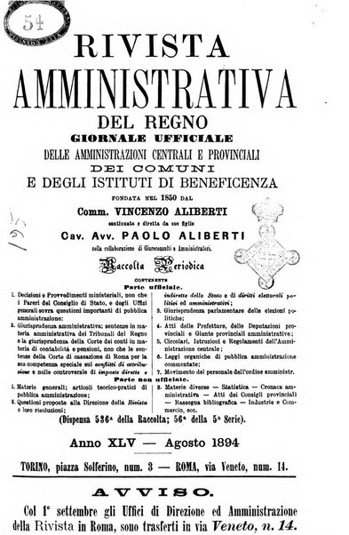 Rivista amministrativa del Regno giornale ufficiale delle amministrazioni centrali, e provinciali, dei comuni e degli istituti di beneficenza