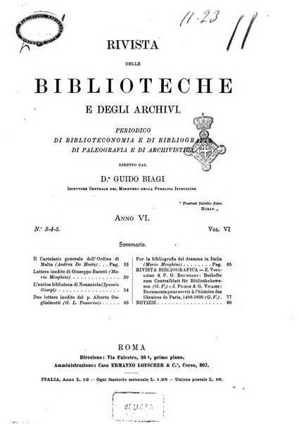 Rivista delle biblioteche e degli archivi periodico di biblioteconomia e di bibliografia di paleografia e di archivistica