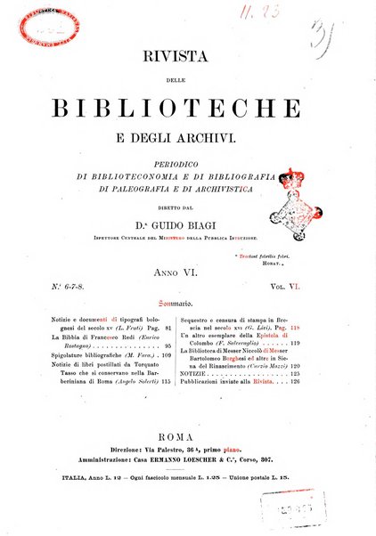 Rivista delle biblioteche e degli archivi periodico di biblioteconomia e di bibliografia di paleografia e di archivistica