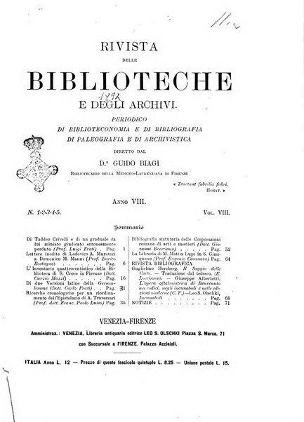 Rivista delle biblioteche e degli archivi periodico di biblioteconomia e di bibliografia di paleografia e di archivistica