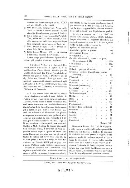 Rivista delle biblioteche e degli archivi periodico di biblioteconomia e di bibliografia di paleografia e di archivistica