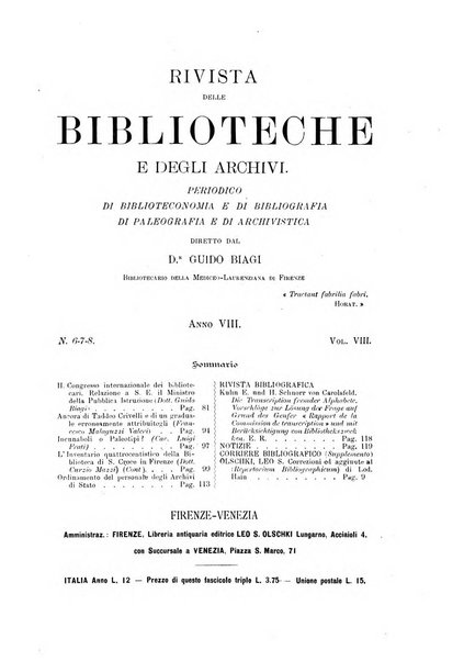 Rivista delle biblioteche e degli archivi periodico di biblioteconomia e di bibliografia di paleografia e di archivistica