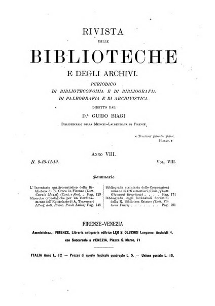 Rivista delle biblioteche e degli archivi periodico di biblioteconomia e di bibliografia di paleografia e di archivistica