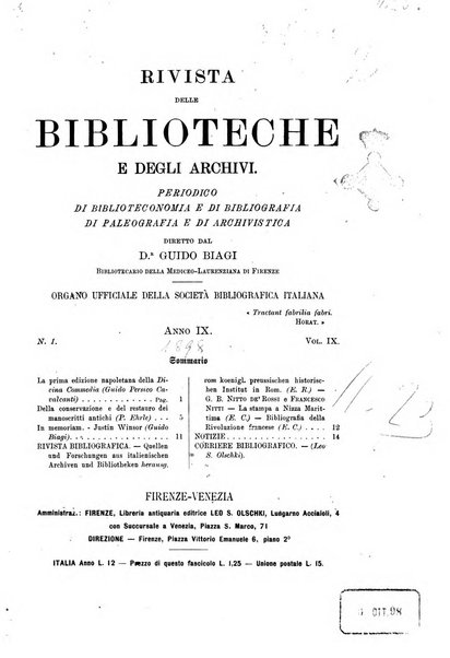 Rivista delle biblioteche e degli archivi periodico di biblioteconomia e di bibliografia di paleografia e di archivistica