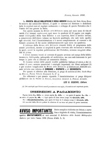 Rivista delle biblioteche e degli archivi periodico di biblioteconomia e di bibliografia di paleografia e di archivistica