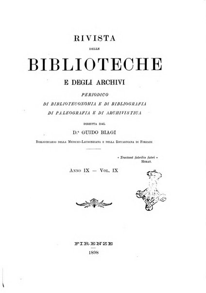 Rivista delle biblioteche e degli archivi periodico di biblioteconomia e di bibliografia di paleografia e di archivistica