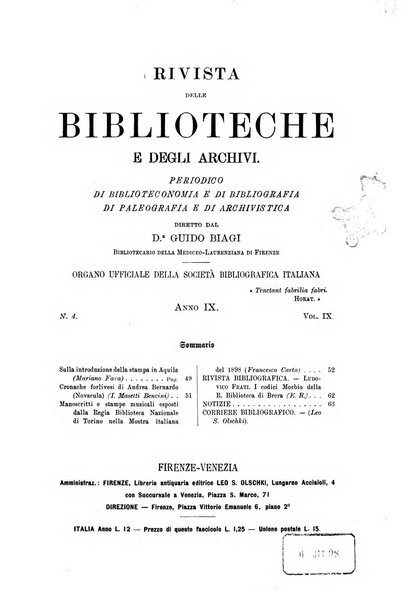 Rivista delle biblioteche e degli archivi periodico di biblioteconomia e di bibliografia di paleografia e di archivistica