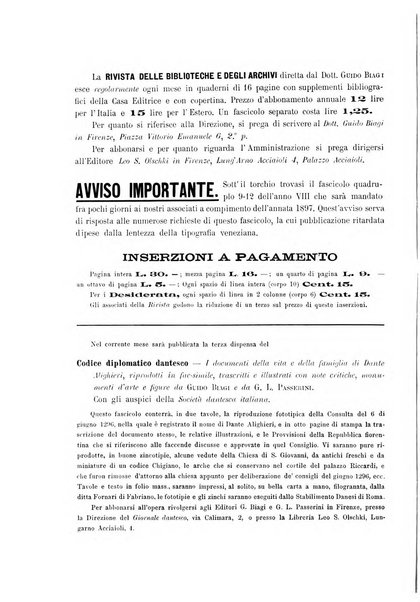 Rivista delle biblioteche e degli archivi periodico di biblioteconomia e di bibliografia di paleografia e di archivistica