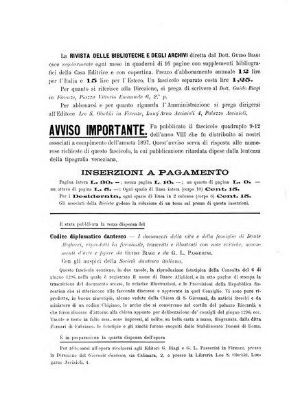 Rivista delle biblioteche e degli archivi periodico di biblioteconomia e di bibliografia di paleografia e di archivistica