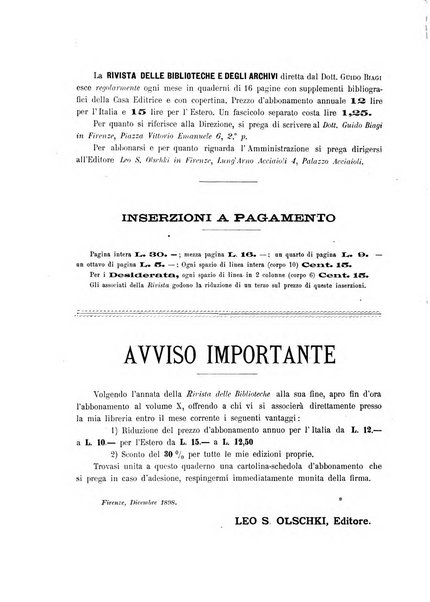 Rivista delle biblioteche e degli archivi periodico di biblioteconomia e di bibliografia di paleografia e di archivistica