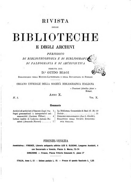 Rivista delle biblioteche e degli archivi periodico di biblioteconomia e di bibliografia di paleografia e di archivistica