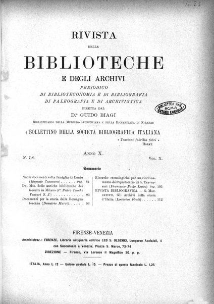 Rivista delle biblioteche e degli archivi periodico di biblioteconomia e di bibliografia di paleografia e di archivistica