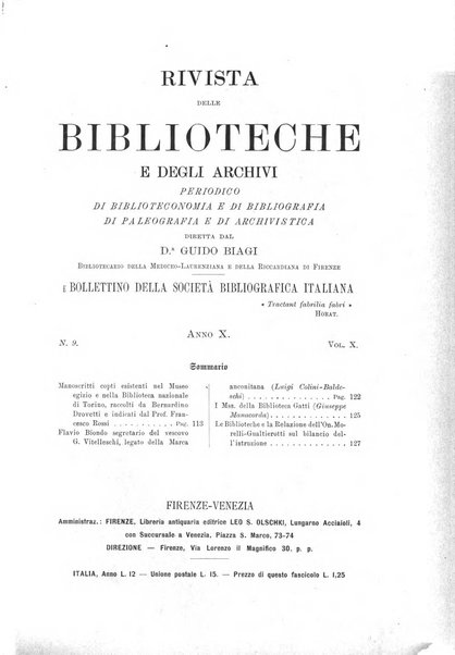 Rivista delle biblioteche e degli archivi periodico di biblioteconomia e di bibliografia di paleografia e di archivistica