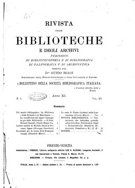 Rivista delle biblioteche e degli archivi periodico di biblioteconomia e di bibliografia di paleografia e di archivistica