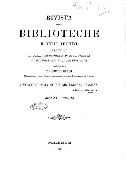 Rivista delle biblioteche e degli archivi periodico di biblioteconomia e di bibliografia di paleografia e di archivistica