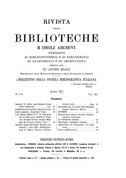 Rivista delle biblioteche e degli archivi periodico di biblioteconomia e di bibliografia di paleografia e di archivistica