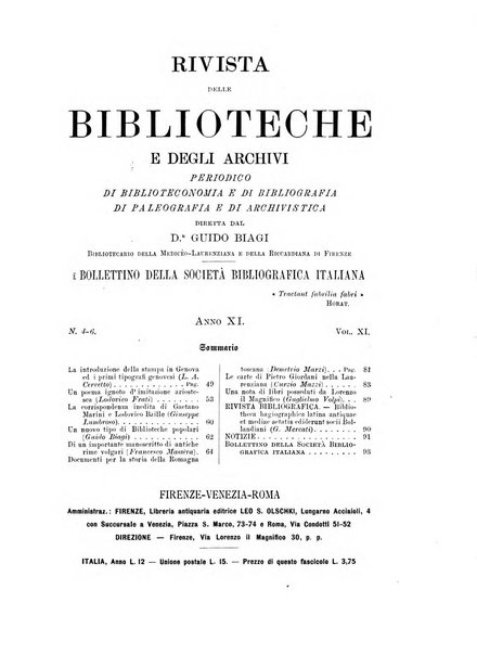 Rivista delle biblioteche e degli archivi periodico di biblioteconomia e di bibliografia di paleografia e di archivistica