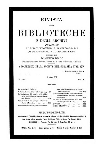 Rivista delle biblioteche e degli archivi periodico di biblioteconomia e di bibliografia di paleografia e di archivistica