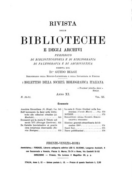 Rivista delle biblioteche e degli archivi periodico di biblioteconomia e di bibliografia di paleografia e di archivistica