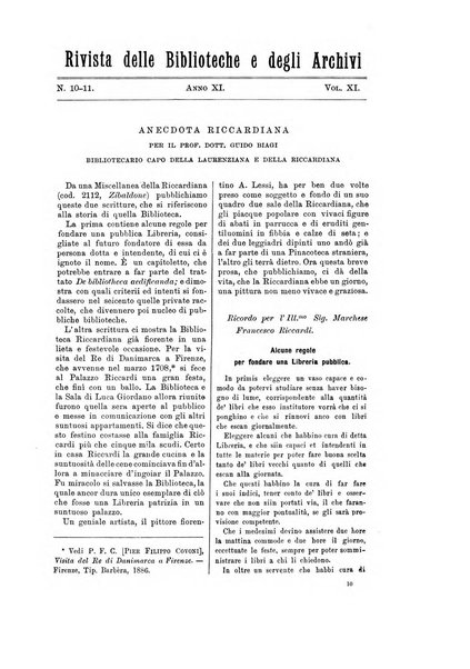 Rivista delle biblioteche e degli archivi periodico di biblioteconomia e di bibliografia di paleografia e di archivistica