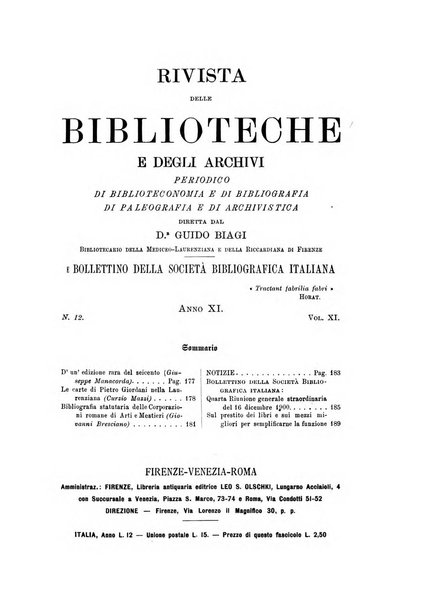 Rivista delle biblioteche e degli archivi periodico di biblioteconomia e di bibliografia di paleografia e di archivistica