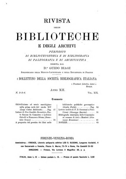 Rivista delle biblioteche e degli archivi periodico di biblioteconomia e di bibliografia di paleografia e di archivistica