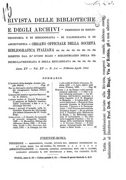 Rivista delle biblioteche e degli archivi periodico di biblioteconomia e di bibliografia di paleografia e di archivistica