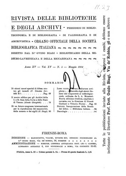 Rivista delle biblioteche e degli archivi periodico di biblioteconomia e di bibliografia di paleografia e di archivistica