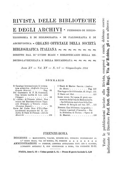 Rivista delle biblioteche e degli archivi periodico di biblioteconomia e di bibliografia di paleografia e di archivistica