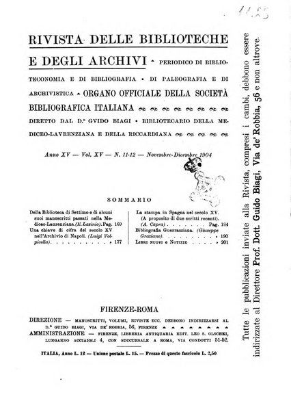 Rivista delle biblioteche e degli archivi periodico di biblioteconomia e di bibliografia di paleografia e di archivistica