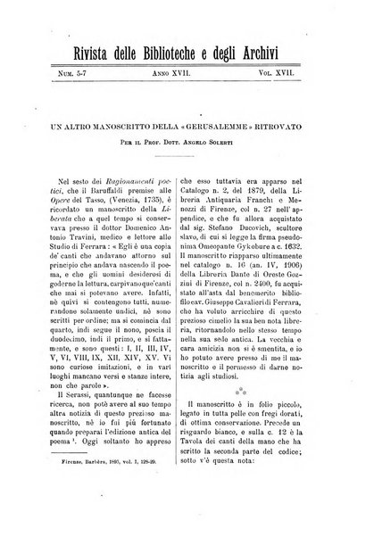 Rivista delle biblioteche e degli archivi periodico di biblioteconomia e di bibliografia di paleografia e di archivistica