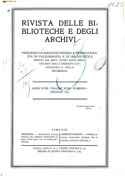 Rivista delle biblioteche e degli archivi periodico di biblioteconomia e di bibliografia di paleografia e di archivistica