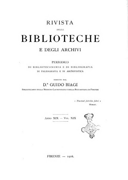 Rivista delle biblioteche e degli archivi periodico di biblioteconomia e di bibliografia di paleografia e di archivistica