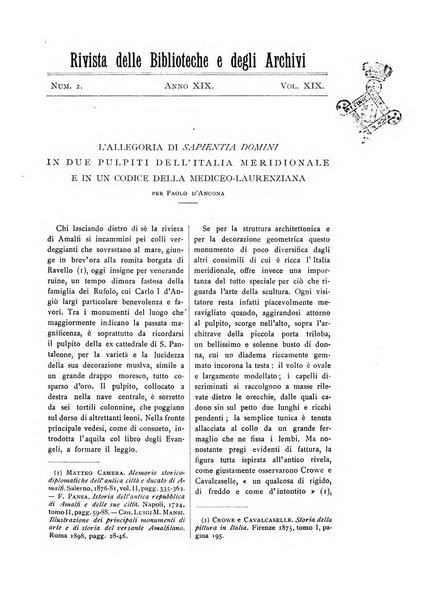 Rivista delle biblioteche e degli archivi periodico di biblioteconomia e di bibliografia di paleografia e di archivistica