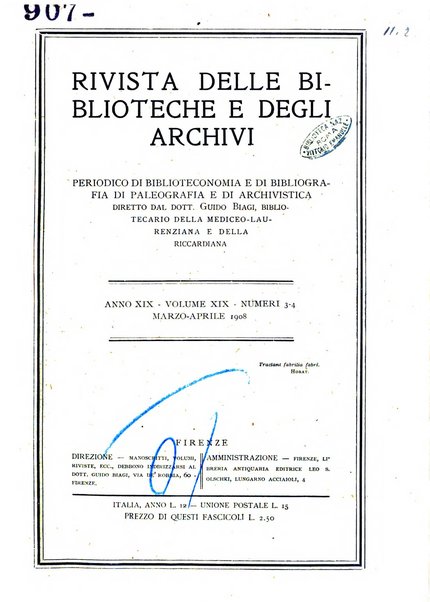 Rivista delle biblioteche e degli archivi periodico di biblioteconomia e di bibliografia di paleografia e di archivistica