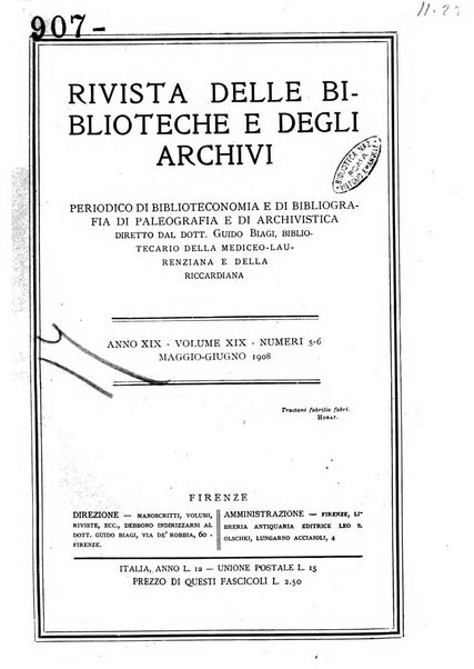 Rivista delle biblioteche e degli archivi periodico di biblioteconomia e di bibliografia di paleografia e di archivistica