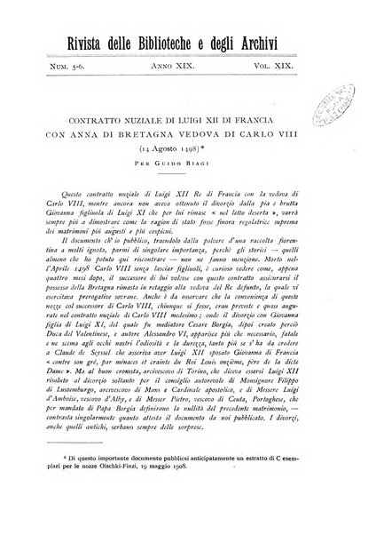 Rivista delle biblioteche e degli archivi periodico di biblioteconomia e di bibliografia di paleografia e di archivistica