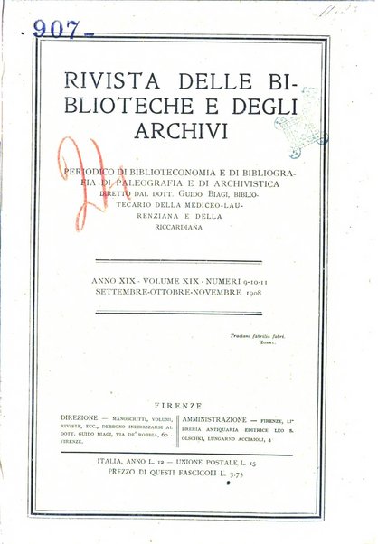 Rivista delle biblioteche e degli archivi periodico di biblioteconomia e di bibliografia di paleografia e di archivistica