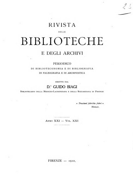 Rivista delle biblioteche e degli archivi periodico di biblioteconomia e di bibliografia di paleografia e di archivistica