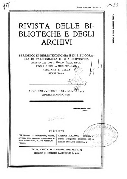 Rivista delle biblioteche e degli archivi periodico di biblioteconomia e di bibliografia di paleografia e di archivistica